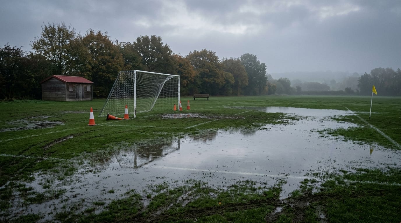 Standing water across a grass field at first light, with orange cones by a wet goal and a maintenance shed in the morning mist