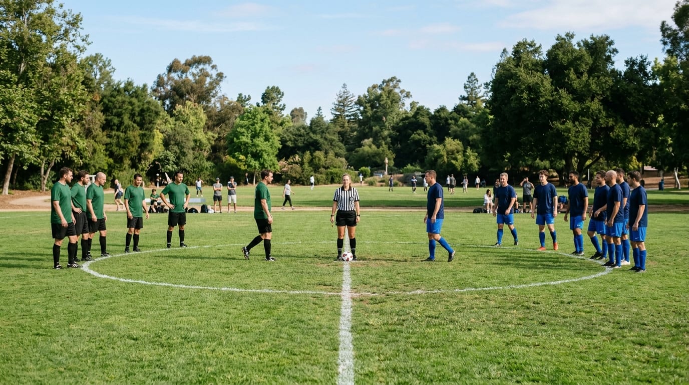 A green team on the left and a navy team on the right lined up across the center circle of a park field, with a referee in black-and-white stripes at midfield between them